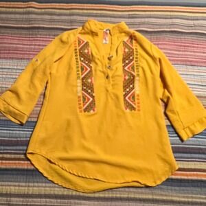 Herzcar Cross Stitch Blouse Button Up 3/4 Sleeve‎ Bohemian Top Mustard Yellow